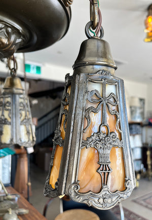 Antique Circa 1915 Edwardian Three Light Pan Fixture with Original Ribbon and Bouquet Slag Glass Shades