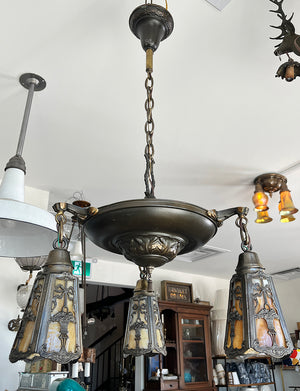 Antique Circa 1915 Edwardian Three Light Pan Fixture with Original Ribbon and Bouquet Slag Glass Shades
