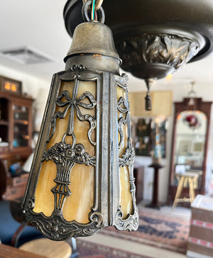 Antique Circa 1915 Edwardian Three Light Pan Fixture with Original Ribbon and Bouquet Slag Glass Shades