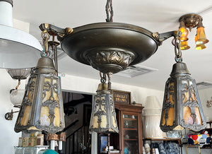 Antique Circa 1915 Edwardian Three Light Pan Fixture with Original Ribbon and Bouquet Slag Glass Shades