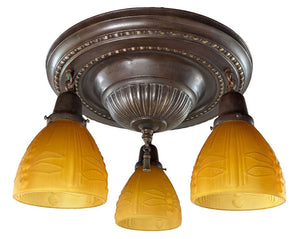 Antique Circa 1915 Three Light Embossed Flush Mount with Sheffield Pattern and Amber Dragonfly Shades