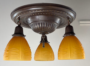 Antique Circa 1915 Three Light Embossed Flush Mount with Sheffield Pattern and Amber Dragonfly Shades