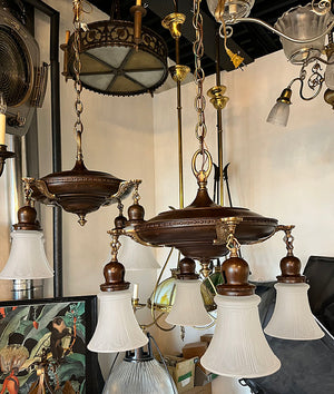 $2100 PAIR - Rare Pair of Antique Circa 1915 Four Light Edwardian Pan Lights with Sheraton Cast Arms, Beaded Border Center Body and Brass and Bronze Finish