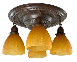 Antique Circa 1915 Four Light Embossed Flush Mount with Sheffield Pattern and Amber Dragonfly Shades