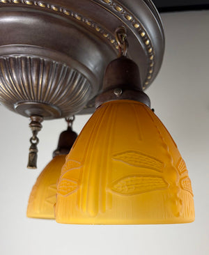 Antique Circa 1915 Four Light Embossed Flush Mount with Sheffield Pattern and Amber Dragonfly Shades
