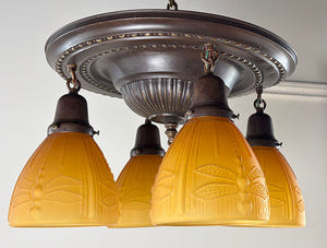 Antique Circa 1915 Four Light Embossed Flush Mount with Sheffield Pattern and Amber Dragonfly Shades