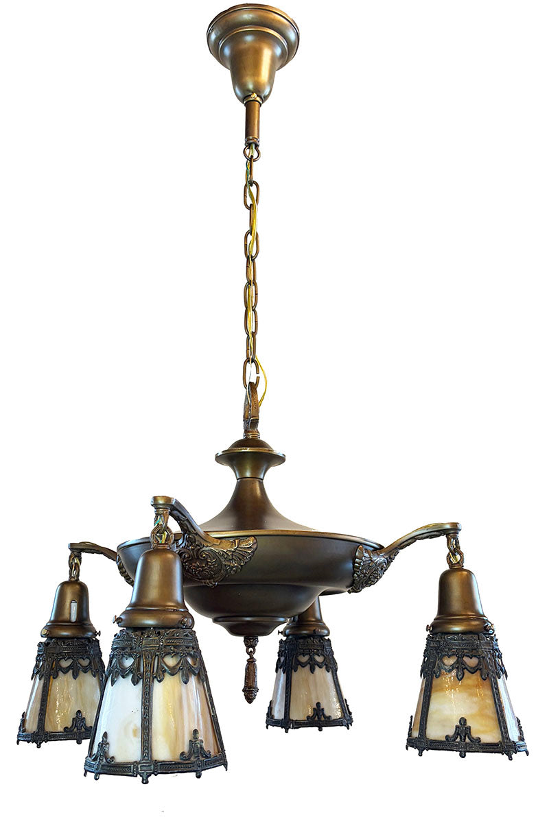 Antique Circa 1915 Edwardian Four Light Pan with Original Butterscotch Slag Glass Shades