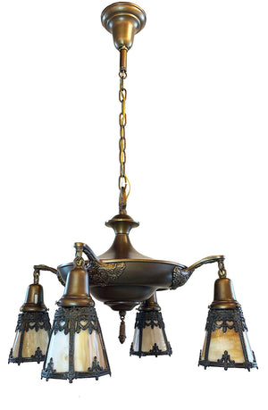 Antique Circa 1915 Edwardian Four Light Pan with Original Butterscotch Slag Glass Shades