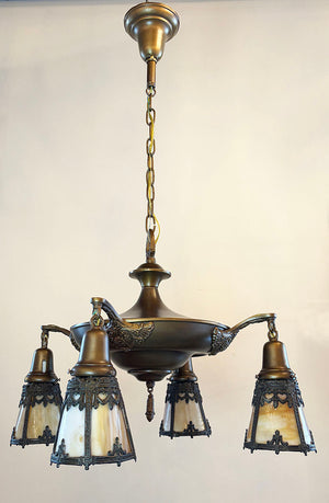 Antique Circa 1915 Edwardian Four Light Pan with Original Butterscotch Slag Glass Shades