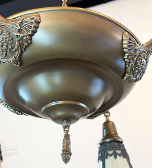 Antique Circa 1915 Edwardian Four Light Pan with Original Butterscotch Slag Glass Shades