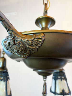 Antique Circa 1915 Edwardian Four Light Pan with Original Butterscotch Slag Glass Shades