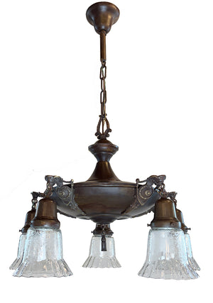 Grand Antique Circa 1915 Five Light Empire Style Pan with Cast Arms and Antique Stencil Etched Ruffle Shades