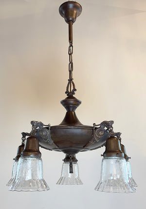 Grand Antique Circa 1915 Five Light Empire Style Pan with Cast Arms and Antique Stencil Etched Ruffle Shades
