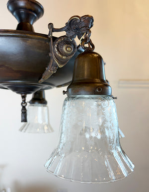 Grand Antique Circa 1915 Five Light Empire Style Pan with Cast Arms and Antique Stencil Etched Ruffle Shades