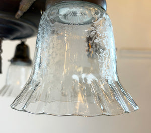Grand Antique Circa 1915 Five Light Empire Style Pan with Cast Arms and Antique Stencil Etched Ruffle Shades