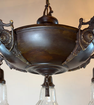 Grand Antique Circa 1915 Five Light Empire Style Pan with Cast Arms and Antique Stencil Etched Ruffle Shades