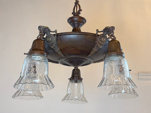 Grand Antique Circa 1915 Five Light Empire Style Pan with Cast Arms and Antique Stencil Etched Ruffle Shades