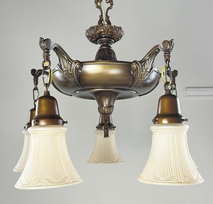 Antique Circa 1920 Edwardian Five Light Pan Cast Acanthus Details