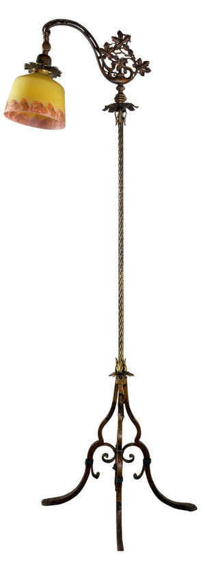 Antique CIrca 1915 Wrought Iron and Brass Floor Lamp with Original Polychrome Finish and Antique Floral Border Shade