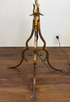 Antique CIrca 1915 Wrought Iron and Brass Floor Lamp with Original Polychrome Finish and Antique Floral Border Shade