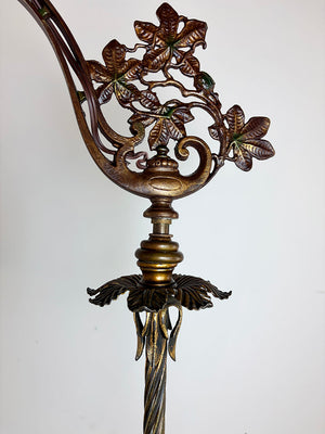 Antique CIrca 1915 Wrought Iron and Brass Floor Lamp with Original Polychrome Finish and Antique Floral Border Shade