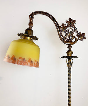 Antique CIrca 1915 Wrought Iron and Brass Floor Lamp with Original Polychrome Finish and Antique Floral Border Shade