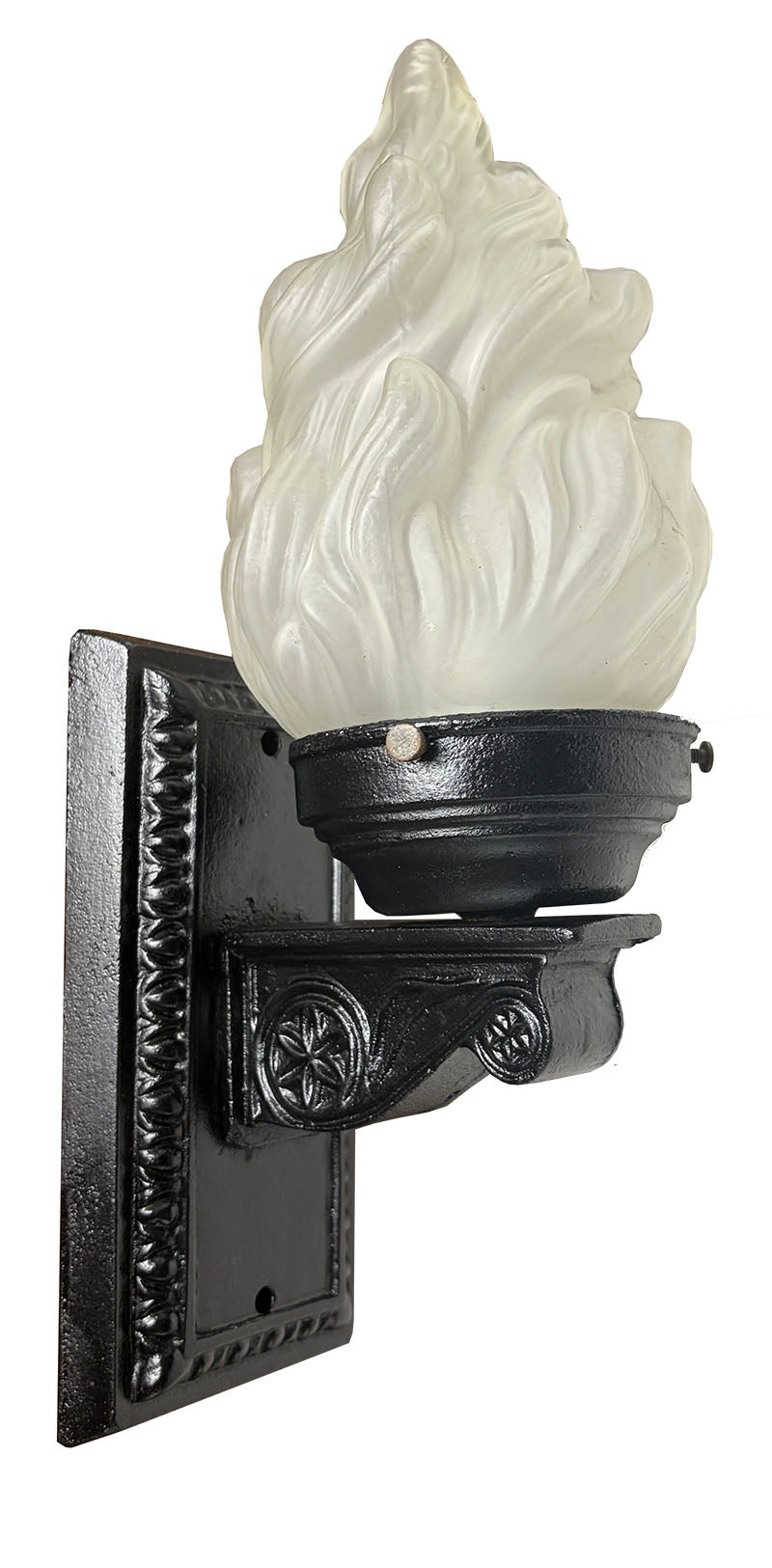 Antique Circa 1920 Cast Iron Exterior Light with Flame Shade