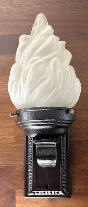 Antique Circa 1920 Cast Iron Exterior Light with Flame Shade