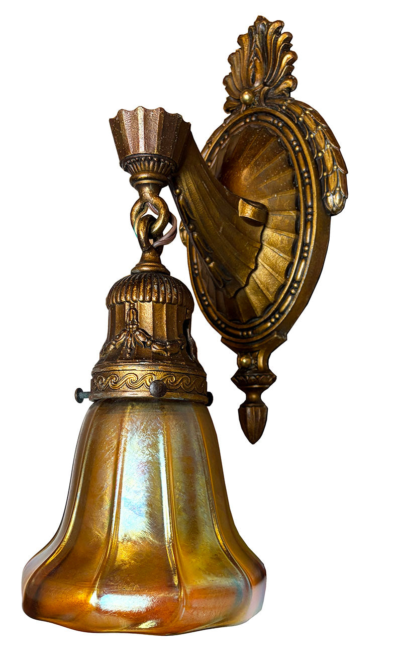 Antique Circa 1910 Signed Miller Edwardian Wall Sconce with Antique Gold Aurene Shade Attributed to Steuben