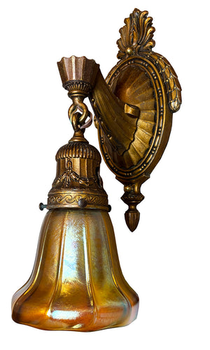 Antique Circa 1910 Signed Miller Edwardian Wall Sconce with Antique Gold Aurene Shade Attributed to Steuben