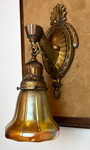 Antique Circa 1910 Signed Miller Edwardian Wall Sconce with Antique Gold Aurene Shade Attributed to Steuben