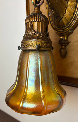 Antique Circa 1910 Signed Miller Edwardian Wall Sconce with Antique Gold Aurene Shade Attributed to Steuben