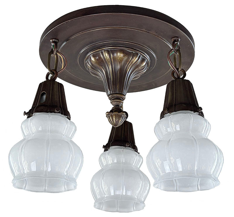 Antique Circa 1915 Three Light Embossed Sheffield Three Light with Fluted Shades