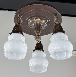 Antique Circa 1915 Three Light Embossed Sheffield Three Light with Fluted Shades