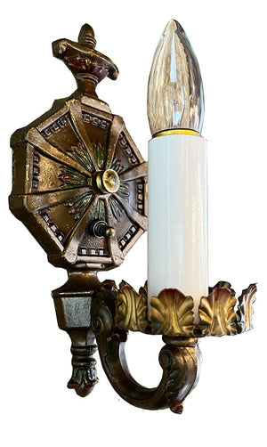 Antique Single Light Circa 1928 Polychrome Single Art Deco Wall Sconce