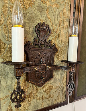 Antique Single Double Circa 1920 Copper Flashed Tudor Revival Wall Sconce