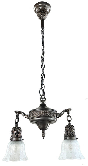 Antique Circa 1915 Embossed and Cast Arm Pan Light with Decorative Filigree Shade Holders and Original Stencil Etched Shades