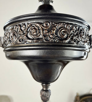 Antique Circa 1915 Embossed and Cast Arm Pan Light with Decorative Filigree Shade Holders and Original Stencil Etched Shades