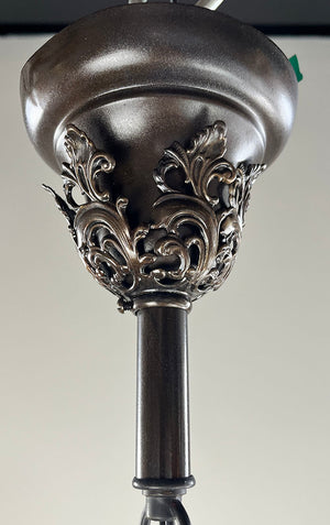Antique Circa 1915 Embossed and Cast Arm Pan Light with Decorative Filigree Shade Holders and Original Stencil Etched Shades