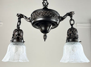 Antique Circa 1915 Embossed and Cast Arm Pan Light with Decorative Filigree Shade Holders and Original Stencil Etched Shades