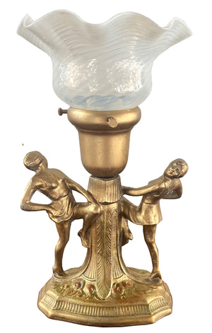 Antique 1920s Figural Dancer Lamp with Antique Opal Swirl Shade
