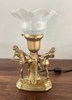 Antique 1920s Figural Dancer Lamp with Antique Opal Swirl Shade