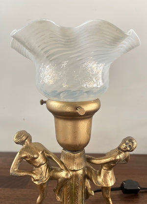 Antique 1920s Figural Dancer Lamp with Antique Opal Swirl Shade