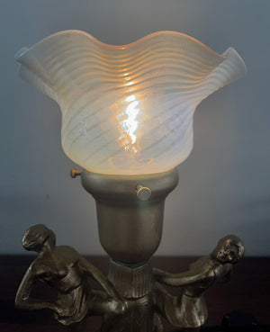 Antique 1920s Figural Dancer Lamp with Antique Opal Swirl Shade