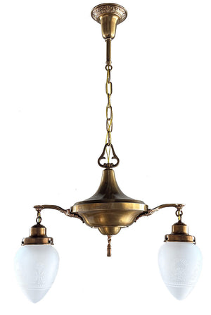 Antique Circa 1915 Large Two Light Edwardian Pan with Encloded Etched Wreath and Garland Shades