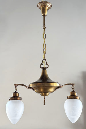 Antique Circa 1915 Large Two Light Edwardian Pan with Encloded Etched Wreath and Garland Shades