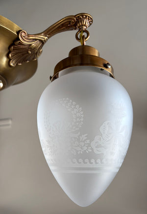 Antique Circa 1915 Large Two Light Edwardian Pan with Encloded Etched Wreath and Garland Shades