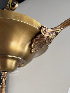 Antique Circa 1915 Large Two Light Edwardian Pan with Encloded Etched Wreath and Garland Shades