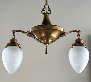 Antique Circa 1915 Large Two Light Edwardian Pan with Encloded Etched Wreath and Garland Shades