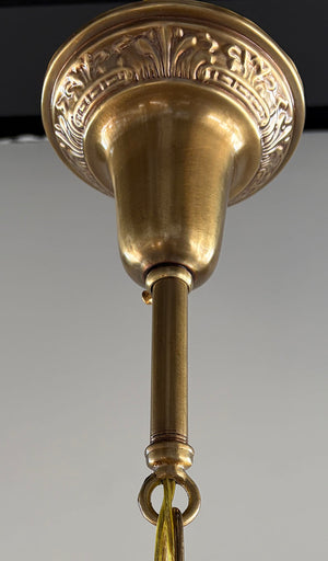 Antique Circa 1915 Large Two Light Edwardian Pan with Encloded Etched Wreath and Garland Shades